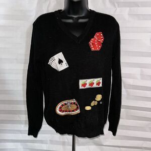 Shirlee Women’s Double Down Gambler Theme Sweater Black V-Neck Long Sleeve